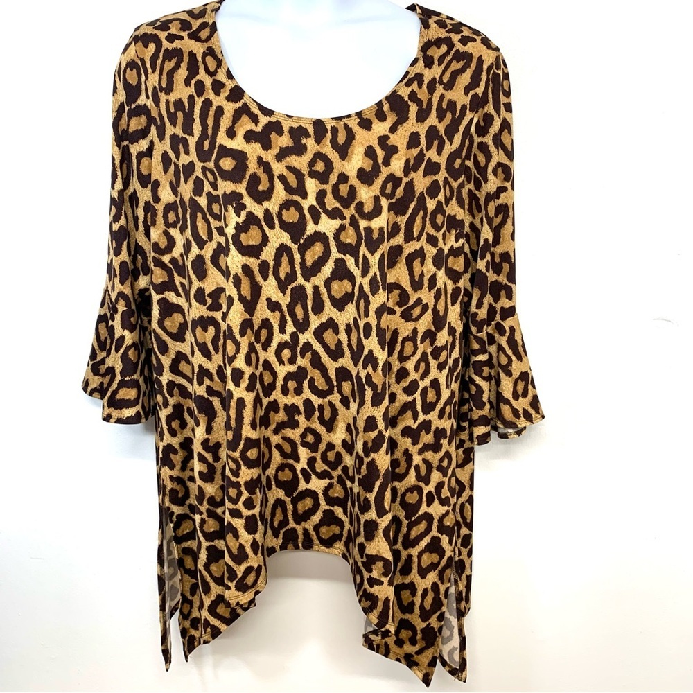 Slinky Brand Tunic Top Woman 2XP  Brown Animal Print ‎ Asymmetrical Hem Boho